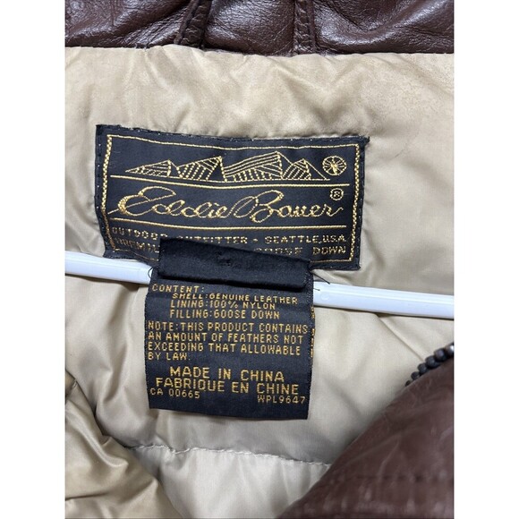 EDDIE BAUER Vintage Leather Jacket Goose Down Lined Men's Sz L Tall Brown Bomber - Picture 2 of 8